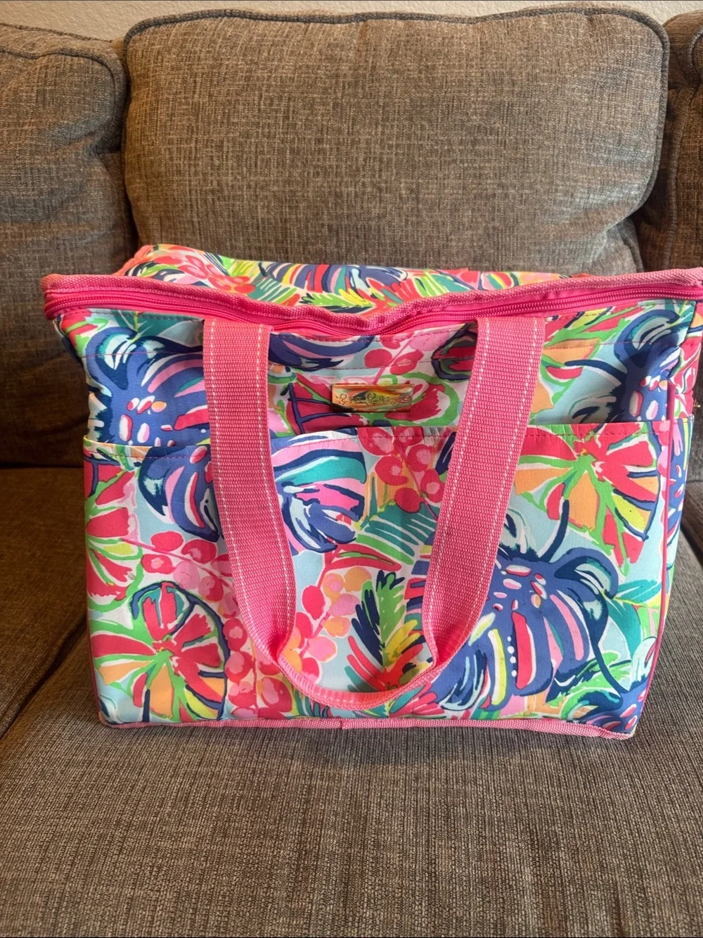 Lilly Pulitzer Bright Floral Canvas Tote with Pink Handles